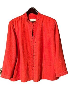 Alfred Dunner Womens Red Mandarin Collar Jacket With Studded Details Lightweight